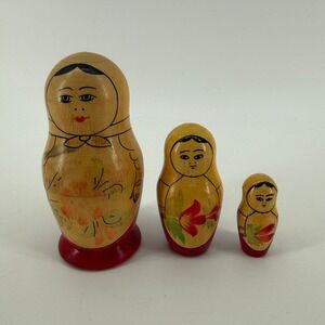 Vintage USSR Matryoshka Nesting Dolls 3 Pc Wooden Russian Folk Art Hand Painted